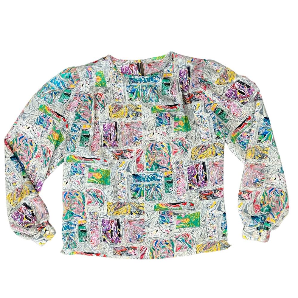 Vintage 80s Gray Rainbow Blue Pink Swirl Satin Scoop Neck Blouse size 10 / M